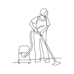 One continuous line drawing of People with housekeeping work activity vector illustration.  tasks such as sweeping, vacuuming, mopping, dusting, wiping down surfaces, and taking out the trash.