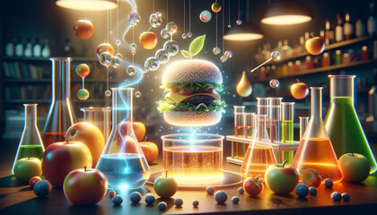 Futuristic food experiment: Levitating, glowing burger in a magical kitchen-lab. - obrazy, fototapety, plakaty
