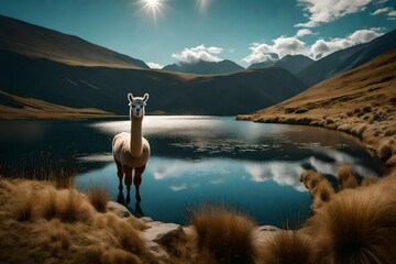 Alpaca in landscape and lake - obrazy, fototapety, plakaty