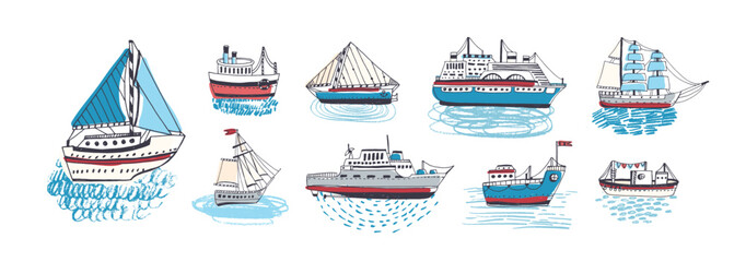Sea boats, ships set. Sailboat, cruise liner, sail transport, yacht, marine freight carrier, ferry, doodle pencil drawings in kids style. Hand-drawn vector illustrations isolated on white background