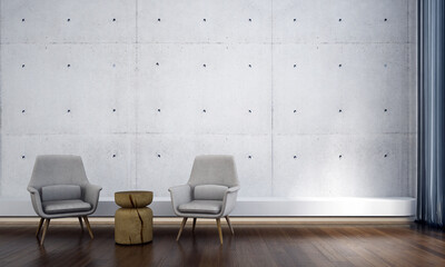 Modern cozy interior of living room with minimal white chairs and empty concrete wall background....