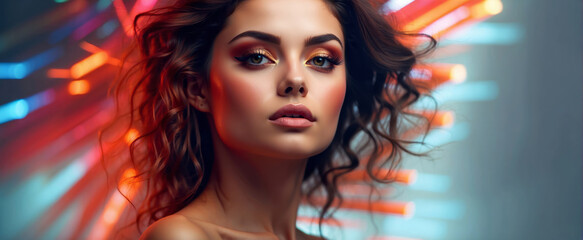 Fototapeta premium beautiful woman in double exposure effect in blue and red lighting color wide banner