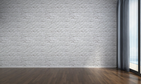 Modern minimal living room with white brick wall background. 3d rendering