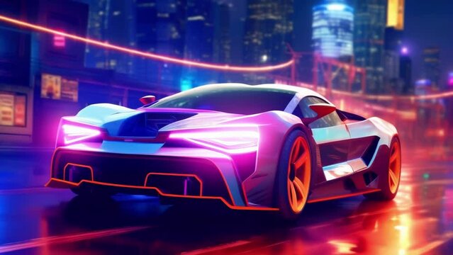 An electric sports car surrounded by an illuminated late night city skyline the streets lit by colorful neon lights. . .