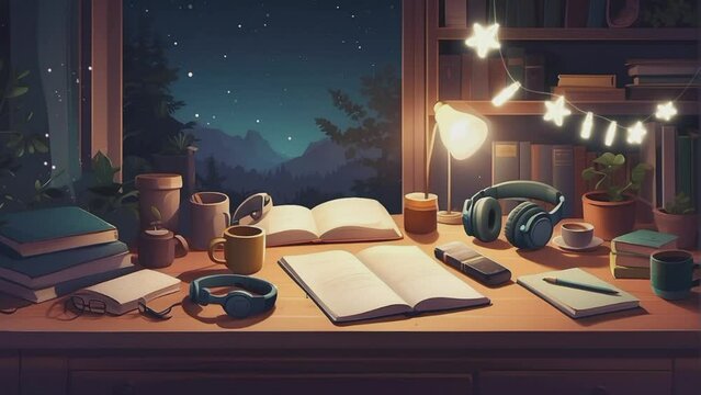 Animation of a close-up view of a work space with a dark night atmosphere and a comfortable vibe, suitable for music video clip animation needs