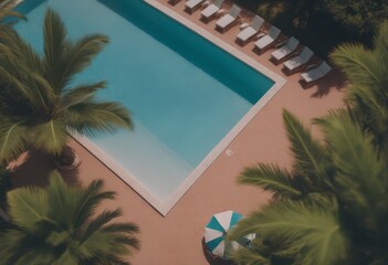 Bird's-eye view of the pool belonging to a large villa. The water is clear and blue. There is a garden around the pool.
