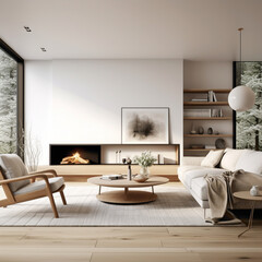 A minimalist modern living room inspired by Scandinavian design, characterized by clean lines, neutral colors, and a focus on functionality.