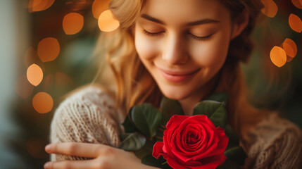 Naklejka premium portrait of a woman with rose mother day background, international mother day