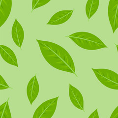 Botanical background with green fresh leaves. Nature seamless pattern. Vector cartoon flat illustration.