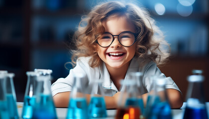 A young girl radiates excitement as she engages in a chemistry experiment. Joy of learning and...