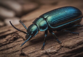 Close-up of a shiny blue beetle on a wooden surface in a forest with a blurred background