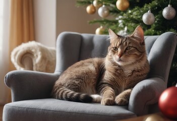 Adorable Cat Enjoying Holiday Season in Cozy Armchair Next to Beautifully Decorated Christmas Tree