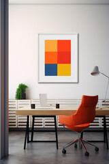 A minimalist office interior with a focus on clean lines and vivid colors, featuring a blank white frame as a centerpiece, offering a canvas for creative inspiration.