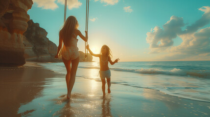 Happy mother swinging on swing cute daughter in circles by the arms at the beach. Playful, energetic, and joyful kid having fun while bonding with mom on sunny summer vacation outdoors by the ocea