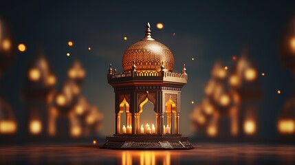 Ornamental arabic lantern with burning candle glowing at night. muslim holy month ramadan kareem ai generated - obrazy, fototapety, plakaty