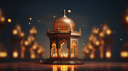 Fotobehang Ornamental arabic lantern with burning candle glowing at night. muslim holy month ramadan kareem ai generated © MdAwlad