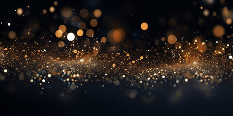 Fototapeta na wymiar Abstract festive dark background with gold glitter and bokeh. 