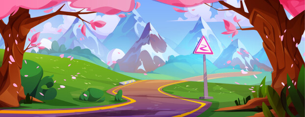 Serpentine asphalt road with warning sign on roadside leading to high rocky mountains at spring. Cartoon vector landscape with roadway surrounded by pink flowering trees and green grass, stone hills.