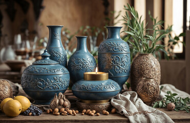 Fototapeta na wymiar Antique pottery vase and jug in traditional Greek style, isolated and handmade