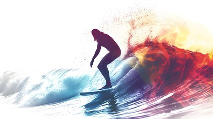 Watercolor Surfer Riding Vibrant Ocean Wave