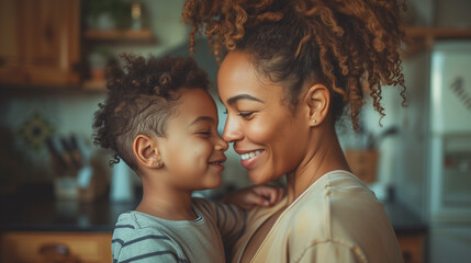Black Cheerful mother and son looking at each other fondly. Loving single mother bonding with her son at home in the kitchen at home indoors