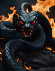 Obraz premium Black demonic snake against a background of fire