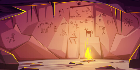 Prehistoric cave with caveman primitive painting on stone walls and fire. Cartoon vector neanderthal tribe dungeon. Aboriginal dwelling in underground rock cavern with ancient drawings and campfire. - obrazy, fototapety, plakaty