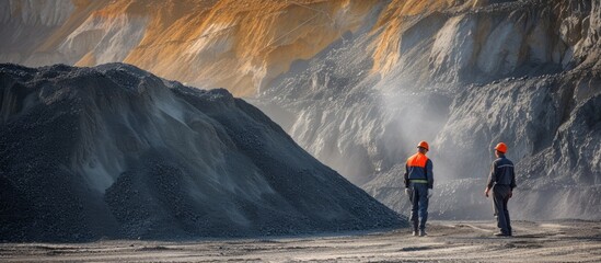 Two men standing in front of a large pile of coal at industrial mining site with heavy machinery