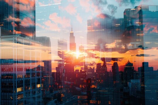 Double exposure cityscape capturing the dynamic motion of urban life and traffic at sunset.