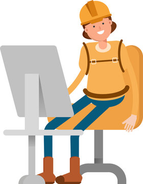 Woman Mountaineer Character Working on Desktop
