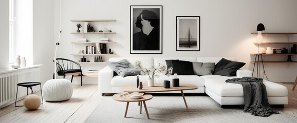 A minimalist Scandinavian living room with a black and white color palette, showcasing statement...