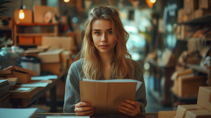 Fototapeta premium design and shipping an online order with a woman sending a package using the internet from her office. Creative, technology, and logistics with a female entrepreneur at work in her studio