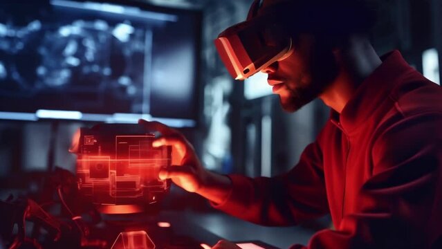 A technician wearing a virtual reality headset manipulating a 3D diagram of a machine in order to locate potential faults . .