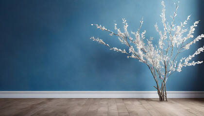 Contemporary Charm: Room Mockup with Blue Wall and Branch Decor