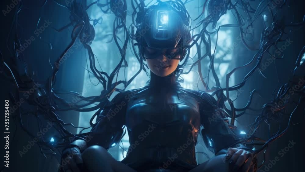 Poster a fullbody photo of a cybernetic human with wires connecting its limbs directly to a visual cortex a