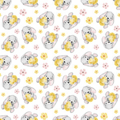 Easter Spring watercolor seamless pattern with Easter rabbit, eggs and flowers. Print for Easter decorations. Template for Easter cards, covers, posters, invitations, scrapbooking, packaging papers