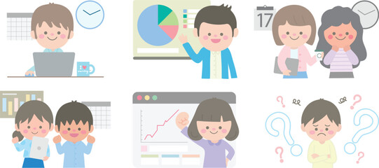 BUSINESS CONCEPT ILLUSTRATION COLLECTION OF SCENES AT OFFICE WITH MAN AND WOMAN IN BUSINESS ACTIVITY