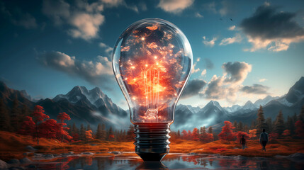 Abstract red glowing light bulb style design with a cloud sky background. 3d graphic concept. 