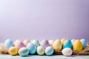 Easter template, colorful eggs, simple background, copy space, blank. Generative AI