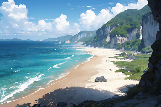 Sea waves wash over the sandy beach landscape illustration. use it as a background image for YouTube or Instagram, game production, etc.
