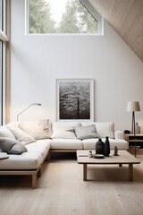 Obraz premium A minimalist Scandinavian living space with a focus on open layouts, clean lines, and a curated selection of decor for a sophisticated look.