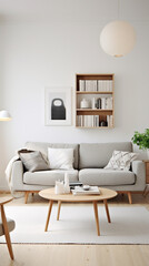 A minimalist Scandinavian living room with a focus on simplicity and functionality. 