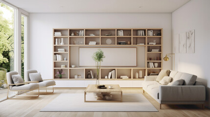 A minimalist Scandinavian living room with a focus on functionality, featuring built-in storage solutions, hidden compartments, and multi-purpose furniture pieces for a clutter-free space.