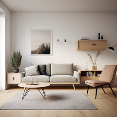 A minimalist Scandinavian living room with a focus on functionality, showcasing modular furniture, hidden storage, and a subdued color palette for a clutter-free environment.
