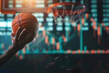 Fototapeta premium hand of a basketball player shooting a basketball with stock market background, investing or trading in stock or currency market concept, investing is like playing sports