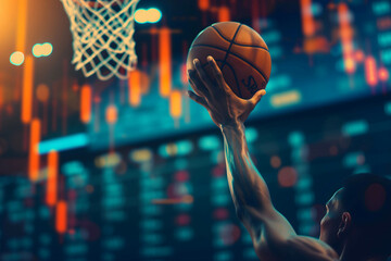 hand of a basketball player shooting a basketball with stock market background, investing or trading in stock or currency market concept, investing is like playing sports