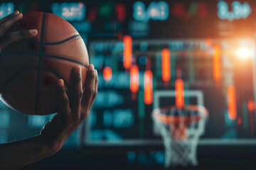 hand of a basketball player shooting a basketball with stock market background, investing or trading in stock or currency market concept, investing is like playing sports - obrazy, fototapety, plakaty