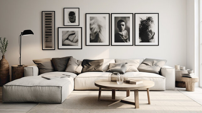 A minimalist Scandinavian living room with a gallery wall displaying a collection of black and white photographs, adding a personal touch and visual interest to the space.
