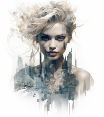 Double exposure of a beautiful woman with cityscape.
