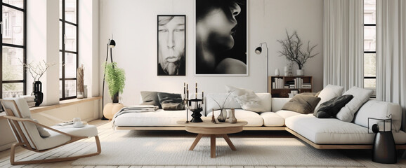 A minimalist Scandinavian living room with a black and white color palette, showcasing statement furniture pieces and a gallery wall of contemporary art. - obrazy, fototapety, plakaty